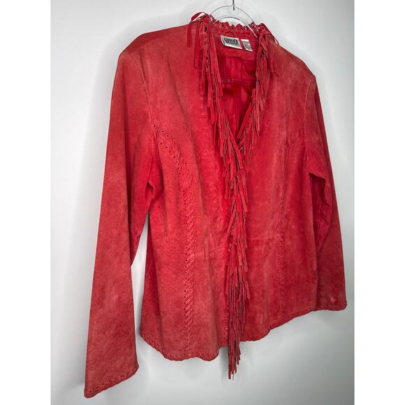 Y2K Western Boho Chico’s Design Red Suede Fringe Leather Jacket Size 2 (M/L) - Picture 9 of 16